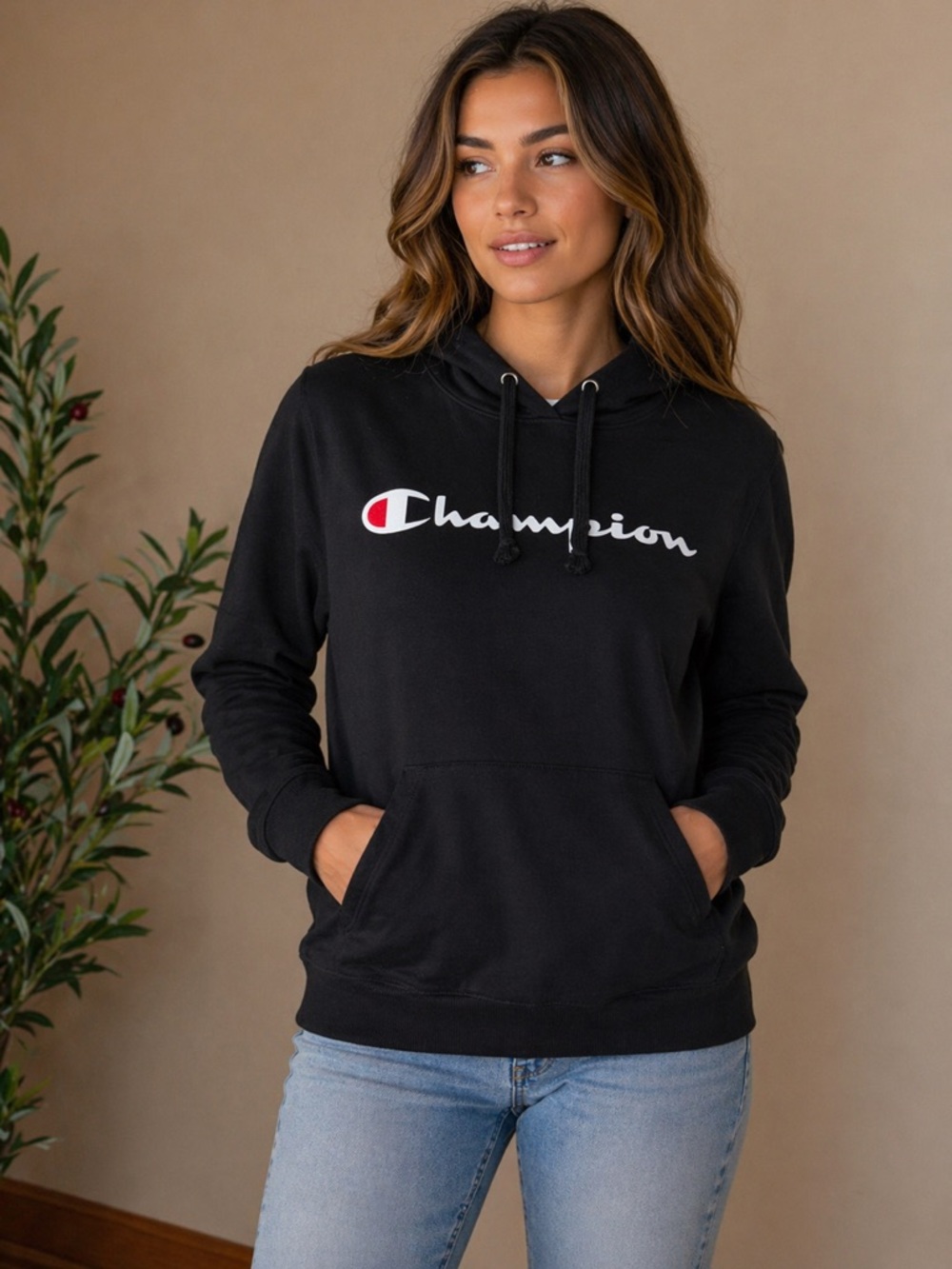 460. Champion Classic Black Logo Hoodie Sweatshirt Pullover NWT